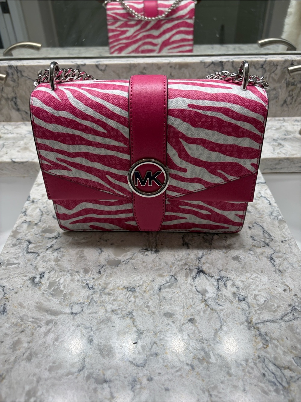 Michael Kors Hot Pink Zebra-Print Crossbody with Silver MK Hardware